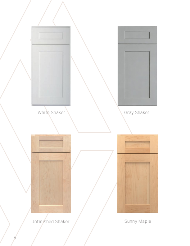 Catalog examples of White Shaker, Unfinished Shaker, Sunny Maple and Gray Shaker cabinet doors